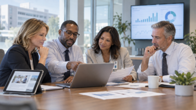 Four healthcare professionals reviewing a laptop and financial reports in a conference room with an analytics dashboard.